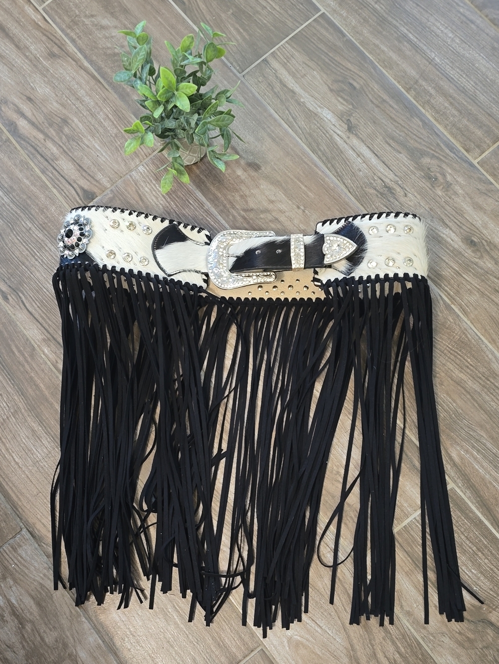 BMW Black and Cream Fringe Western Belt with Rhinestone Buckle